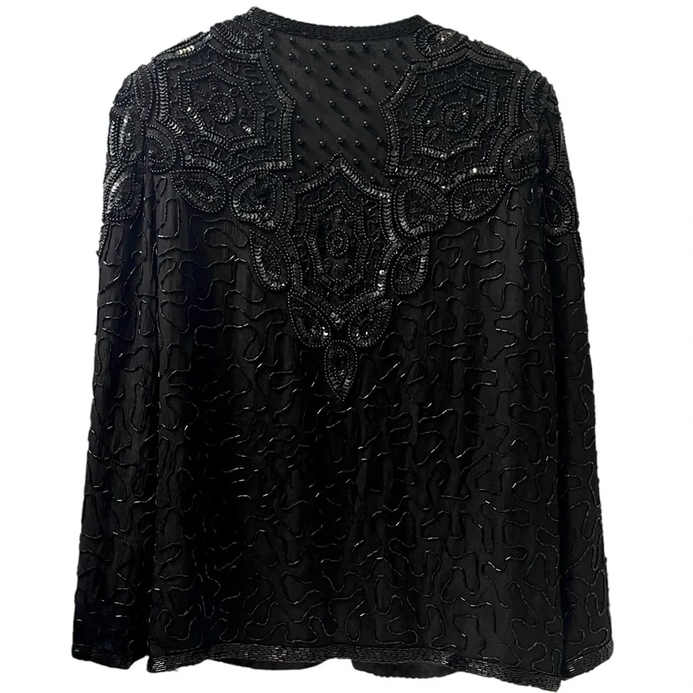 🎉HP! ❤️ Vintage Gothic x Steampunk Adrianna Papell Black Silk Beaded Jacket - Picture 6 of 9